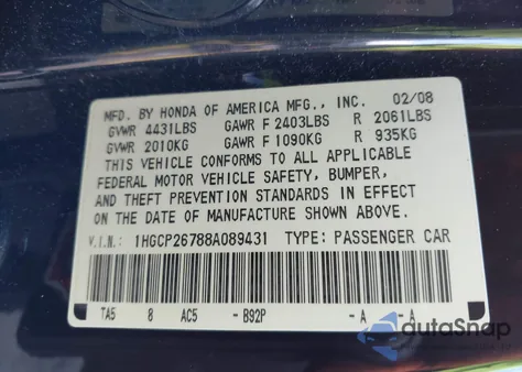 2008 Honda Accord 2.4 Ex z USA, uszkodzony, nr VIN 1HGCP26788A089431